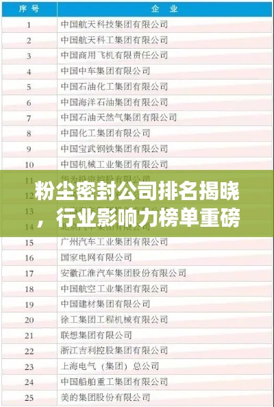 粉尘密封公司排名揭晓,行业影响力榜单重磅出炉!